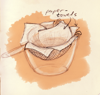 Line the strainer with strong paper towels Line the strainer with strong paper towels