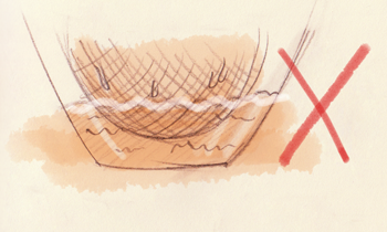 Wrong - the bottom of the strainer is inside the water Wrong - the bottom of the strainer is inside the water